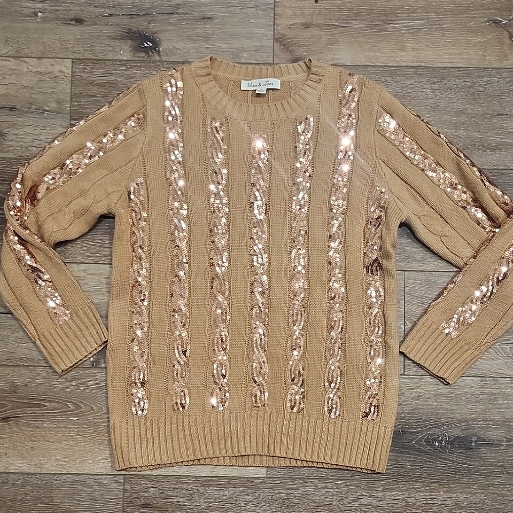 EUC Vine & Love Tan Long Sleeve Chunky Cable Knit Sweater with Sequin Stripes